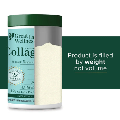 Great Lakes Wellness collagen powder container with text about weight filling.