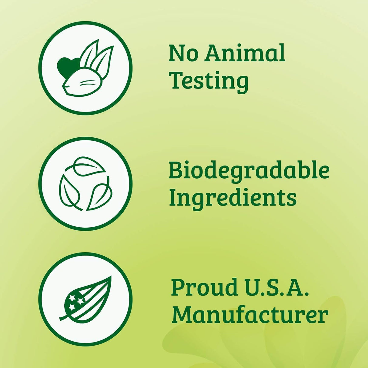 Green background with icons and text indicating no animal testing, biodegradable ingredients, and U.S.A. manufacturing.