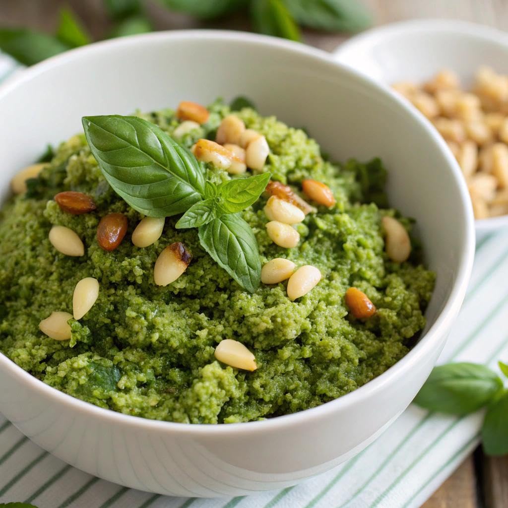 Green pesto in a white bowl with pine nuts and basil leaves on a striped tablecloth.