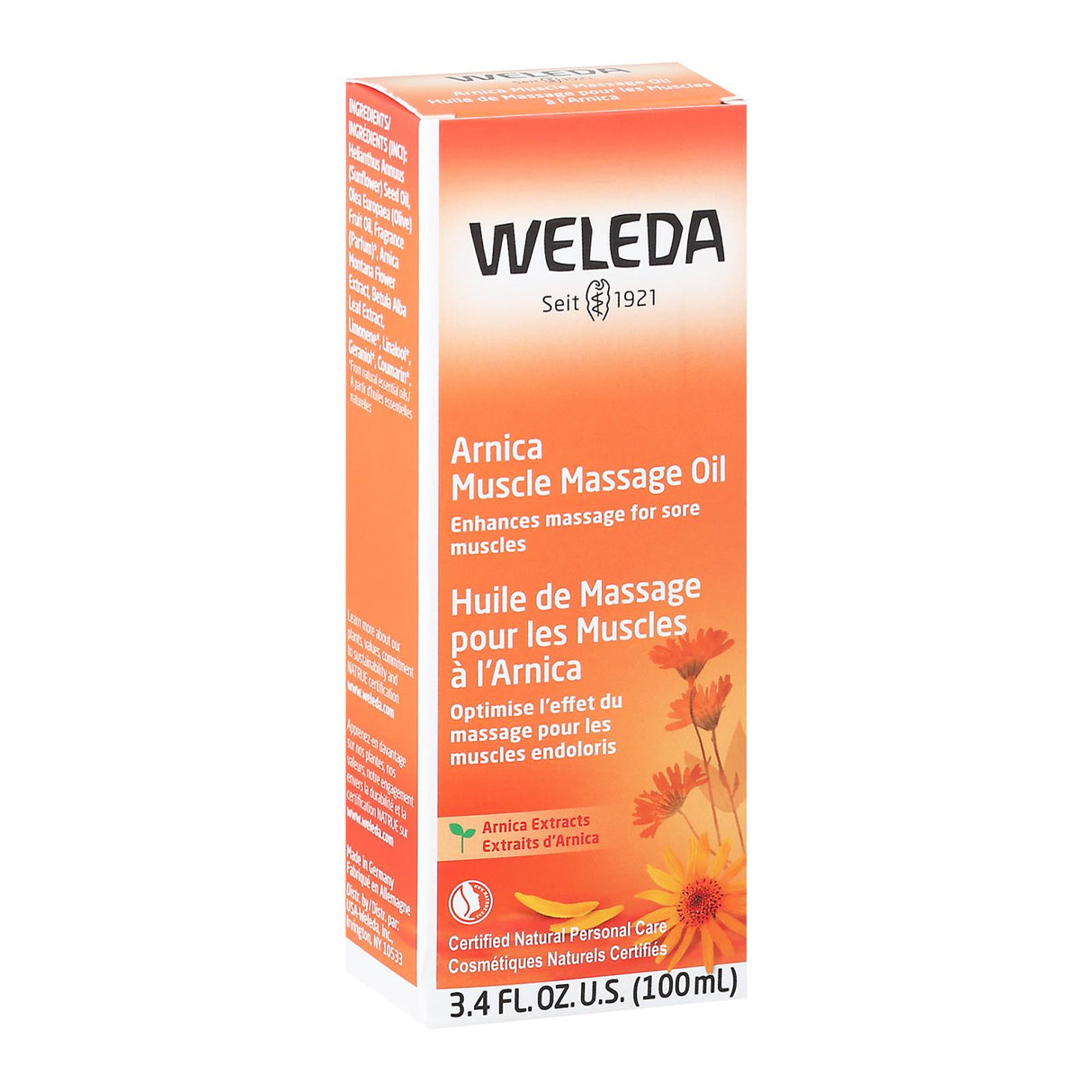Weleda Arnica Muscle Massage Oil packaging on a white background