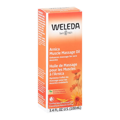 Weleda Arnica Muscle Massage Oil packaging on a white background