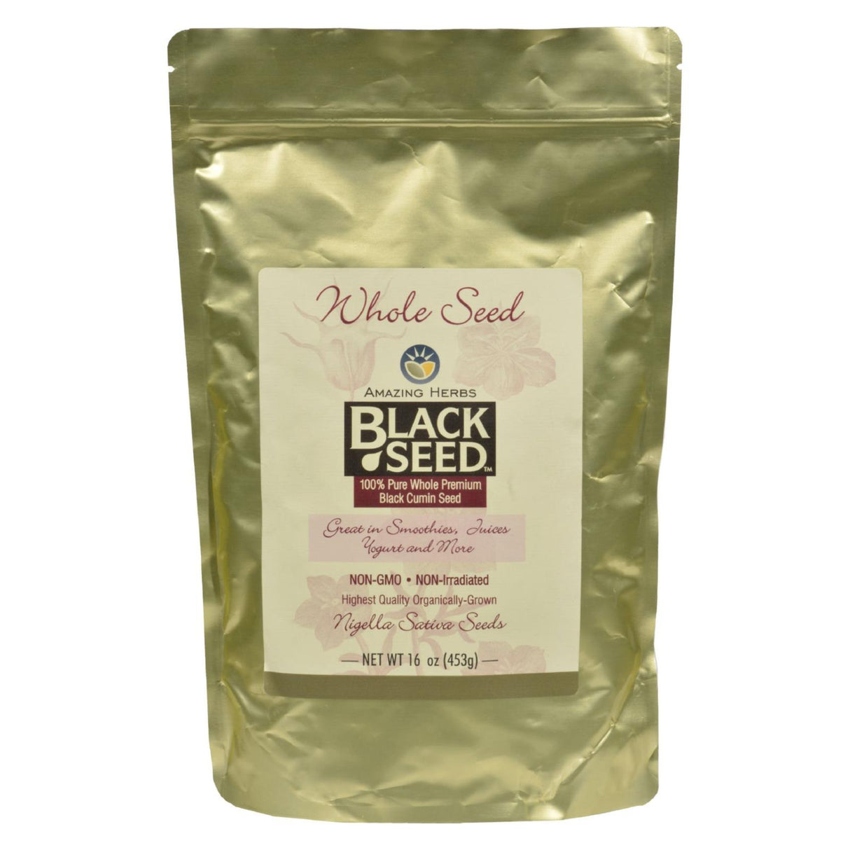 Bag of Black Seed whole seeds with a label on a white background