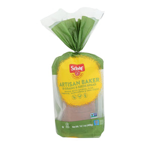 Packaged loaf of bread with Schar Artisan Baker label on a white background