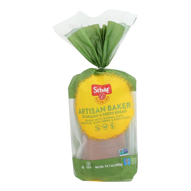 Packaged loaf of bread with Schar Artisan Baker label on a white background