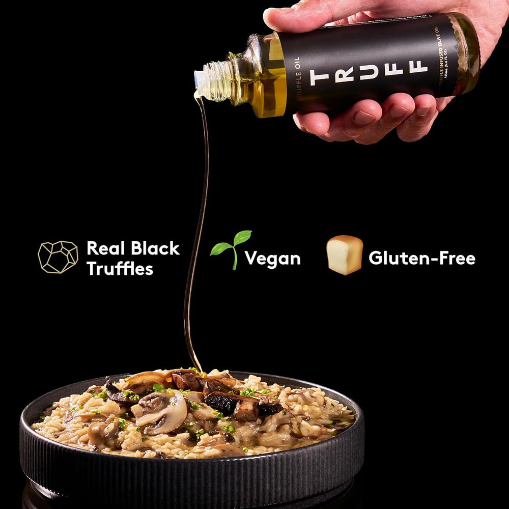 Hand pouring truffle oil over a dish of risotto with 'Truff' branding, highlighting real black truffles, vegan, and gluten-free features.