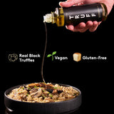 Hand pouring truffle oil over a dish of risotto with 'Truff' branding, highlighting real black truffles, vegan, and gluten-free features.