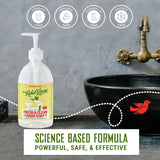 Hand soap bottle with a black sink and faucet in the background, featuring 'Rebel Green' brand.