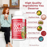 HealthPlus Super Colon Cleanse supplement bottle with a woman holding a mug in a kitchen setting.