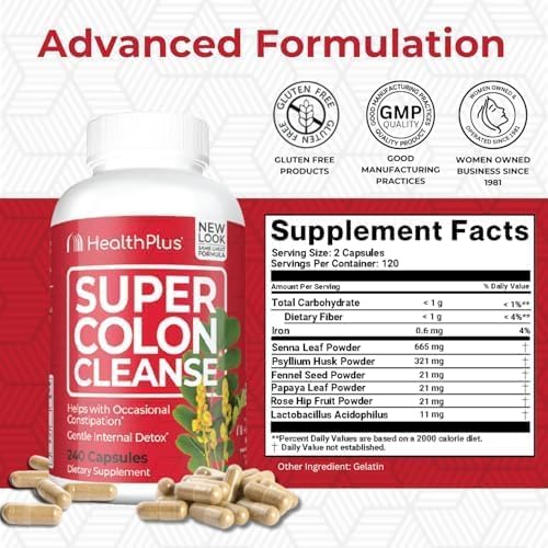 HealthPlus Super Colon Cleanse supplement with supplement facts on a red and white background