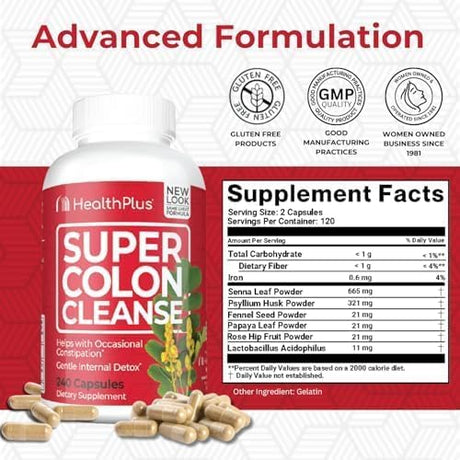 HealthPlus Super Colon Cleanse supplement with supplement facts on a red and white background