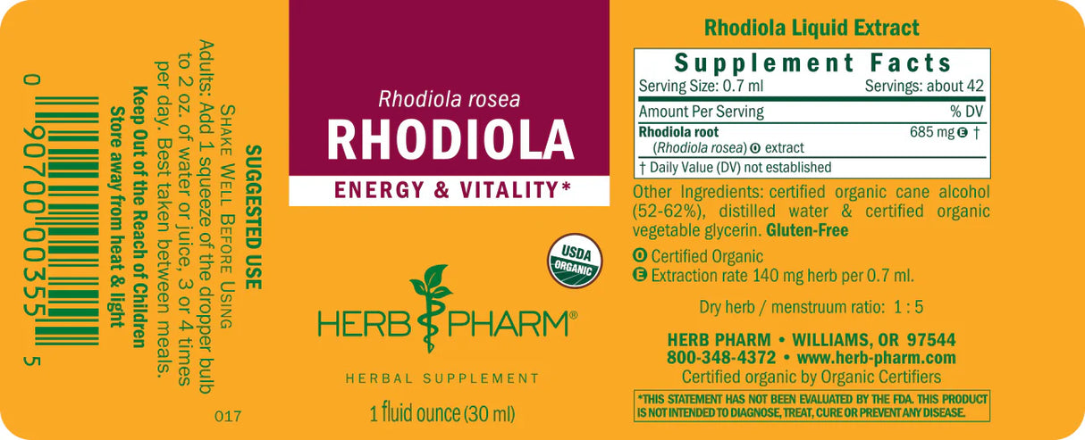 Herb Pharm Rhodiola Liquid Extract supplement label on a yellow background