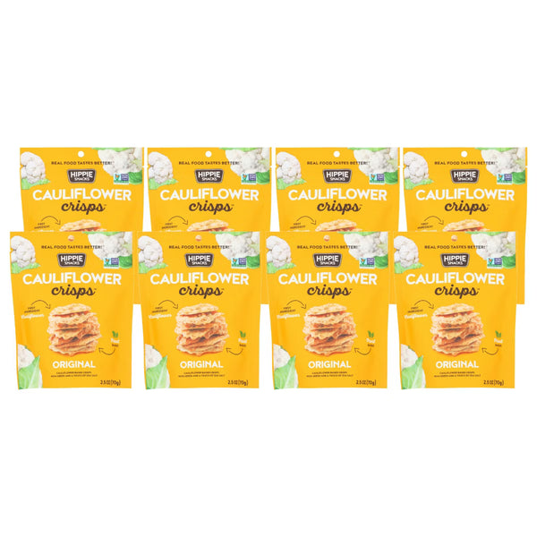 Packaging of Hippie Cauliflower Crisps on a white background