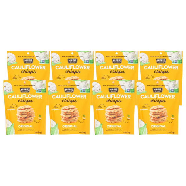 Packaging of Hippie Cauliflower Crisps on a white background