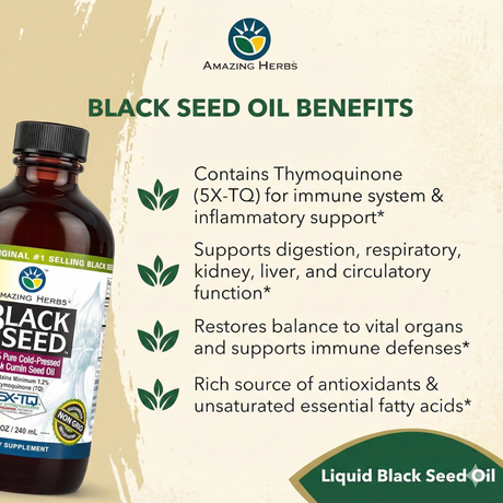 Bottle of Amazing Herbs Black Seed Oil with benefits of  Black Seed Oil  listed on a beige background