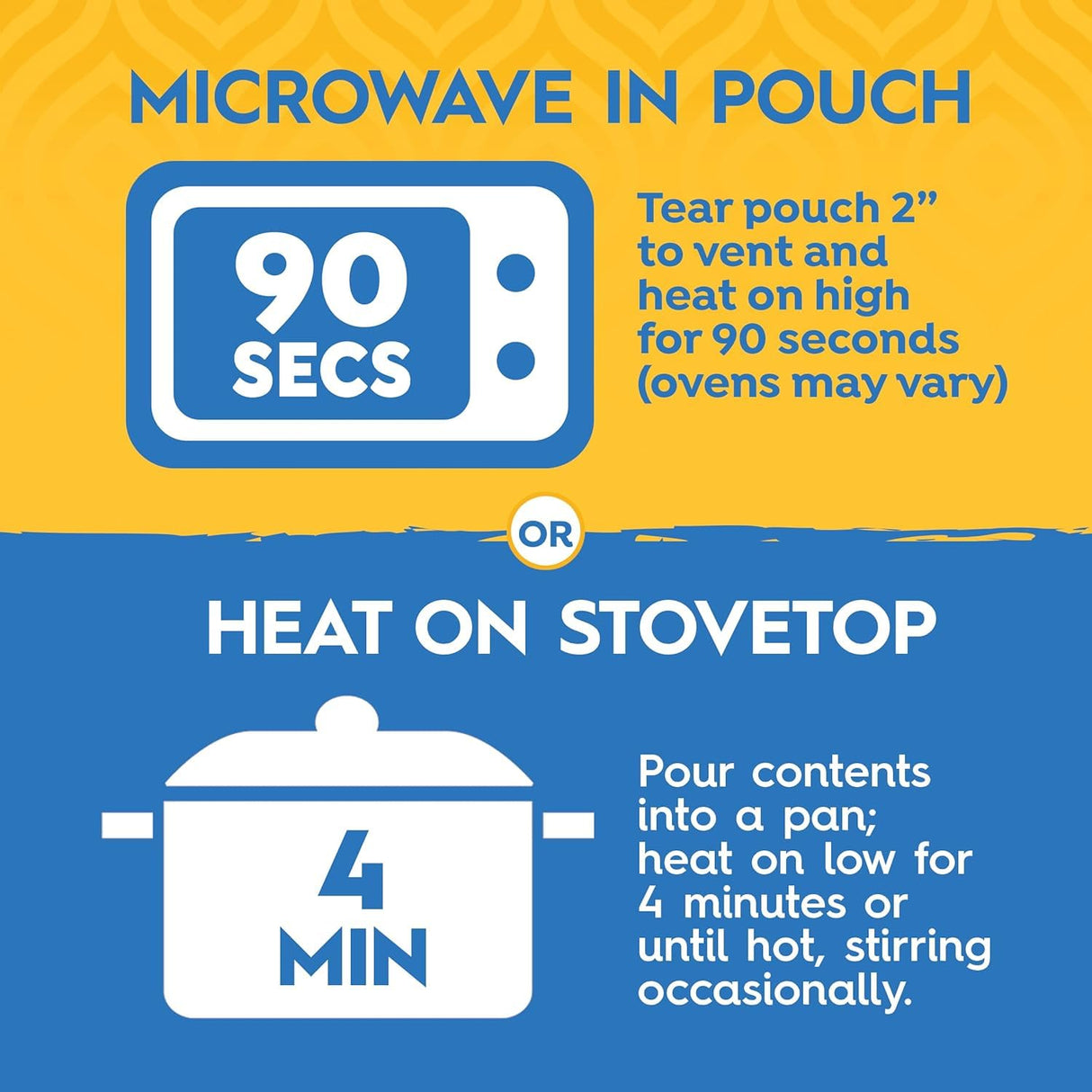Instructions for heating Tasty Bite Organic Basmati  in a pouch or on a stovetop with time and temperature details.