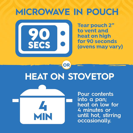Instructions for heating Tasty Bite Organic Basmati  in a pouch or on a stovetop with time and temperature details.