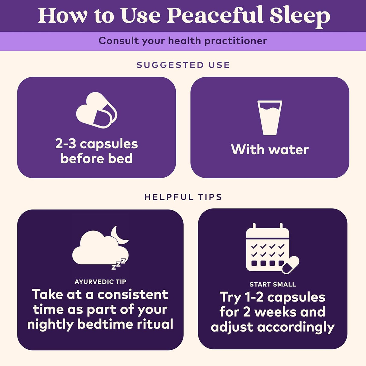 Instructions for using 'Peaceful Sleep' product with icons and text on a purple background