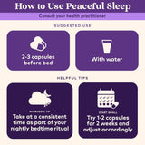 Instructions for using 'Peaceful Sleep' product with icons and text on a purple background