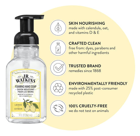 JR Watkins foaming hand soap bottle with lemon scent on a white background