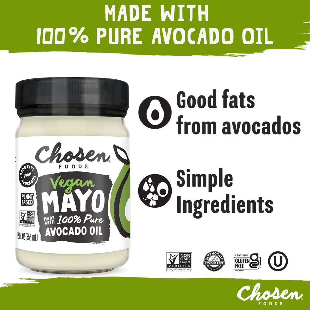 Jar of Chosen Foods Vegan Mayo with avocado oil on a white background facts