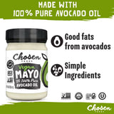Jar of Chosen Foods Vegan Mayo with avocado oil on a white background facts