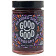 Jar of Good Good Blackberry Jam with colorful label on a white background
