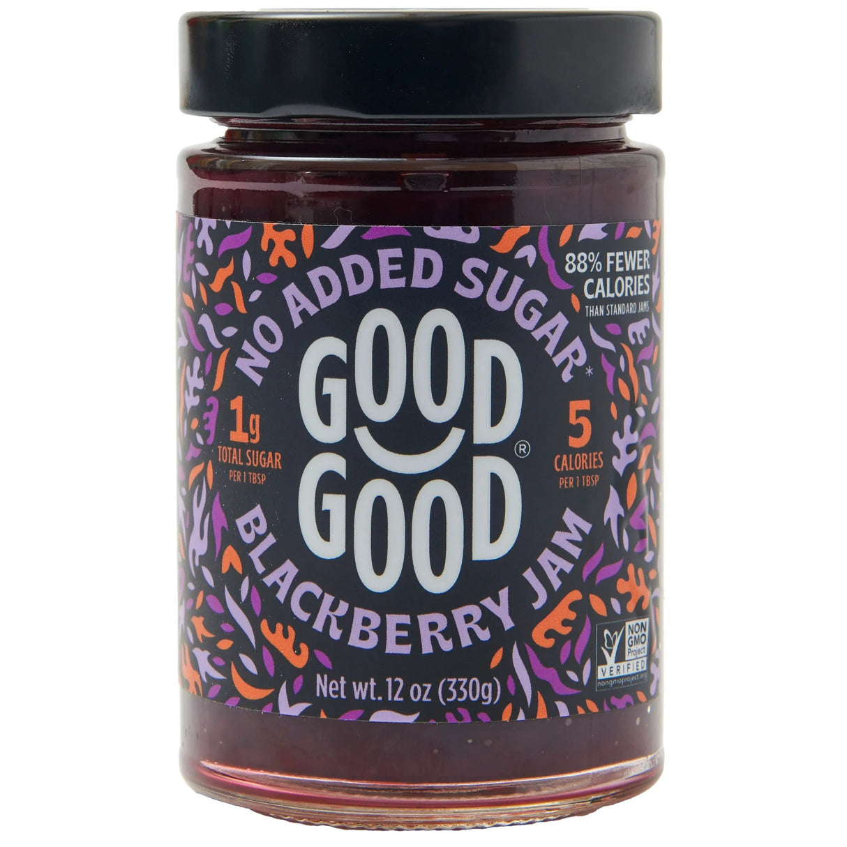 Jar of Good Good Blackberry Jam with colorful label on a white background