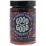 Jar of Good Good Blackberry Jam with colorful label on a white background