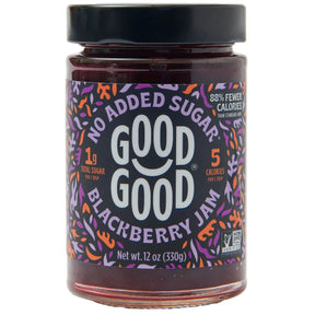 Jar of Good Good Blackberry Jam with colorful label on a white background