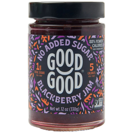 Jar of Good Good Blackberry Jam with colorful label on a white background