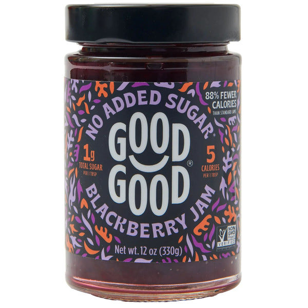 Jar of Good Good Blackberry Jam with colorful label on a white background