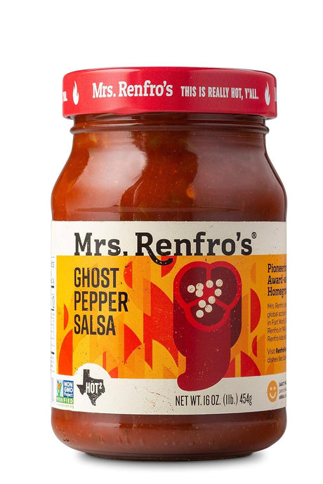 Jar of Mrs. Renfro's Ghost Pepper Salsa on a white background