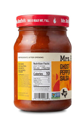Jar of Mrs. Renfro's Ghost Pepper Salsa with label showing nutrition facts and ingredients.