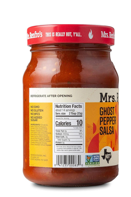 Jar of Mrs. Renfro's Ghost Pepper Salsa with label showing nutrition facts and ingredients.