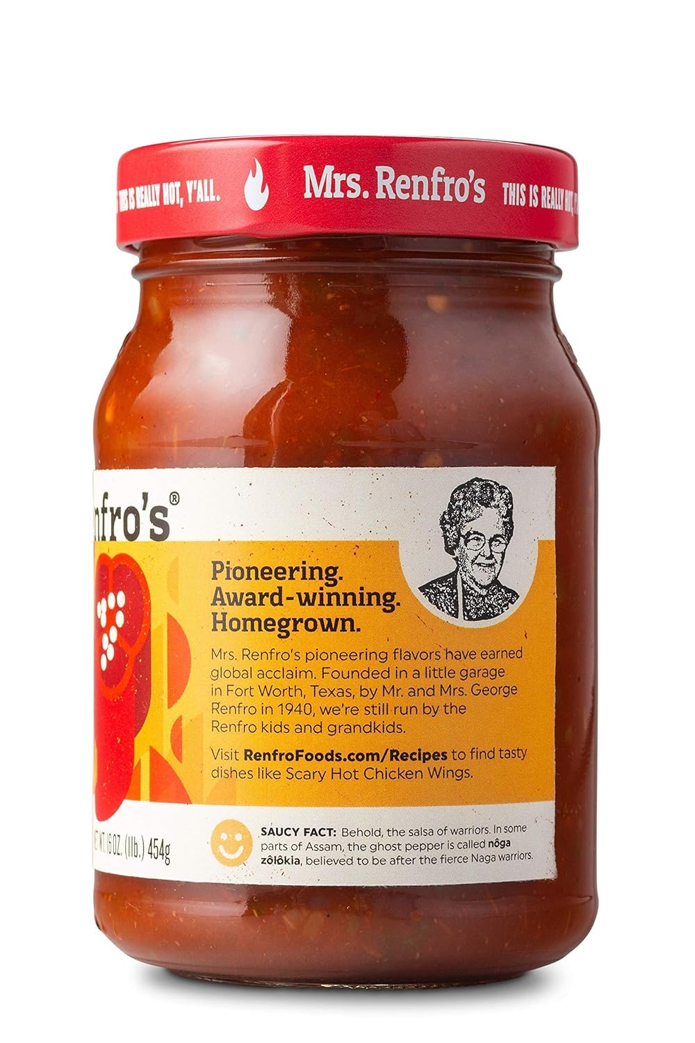 Jar of Mrs. Renfro's sauce with a red lid on a white background