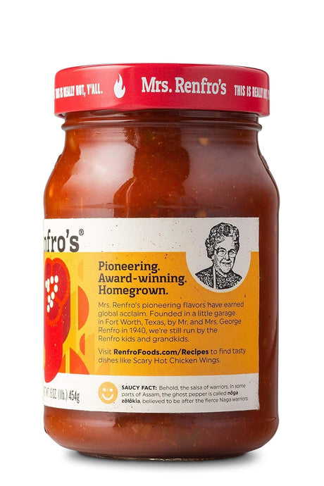 Jar of Mrs. Renfro's sauce with a red lid on a white background
