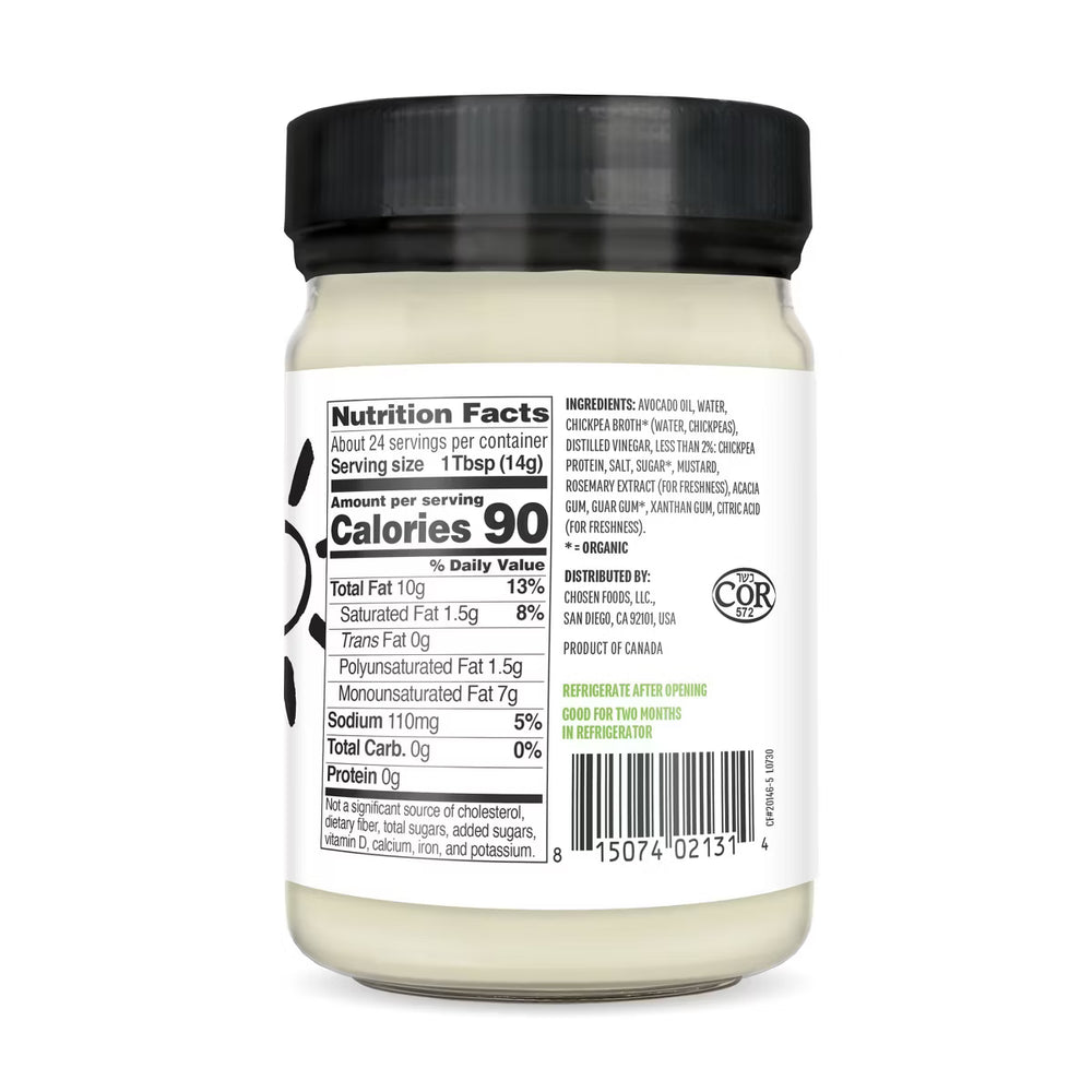 Jar of avocado oil mayonnaise with nutrition facts label on a white background