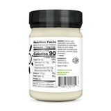 Jar of avocado oil mayonnaise with nutrition facts label on a white background