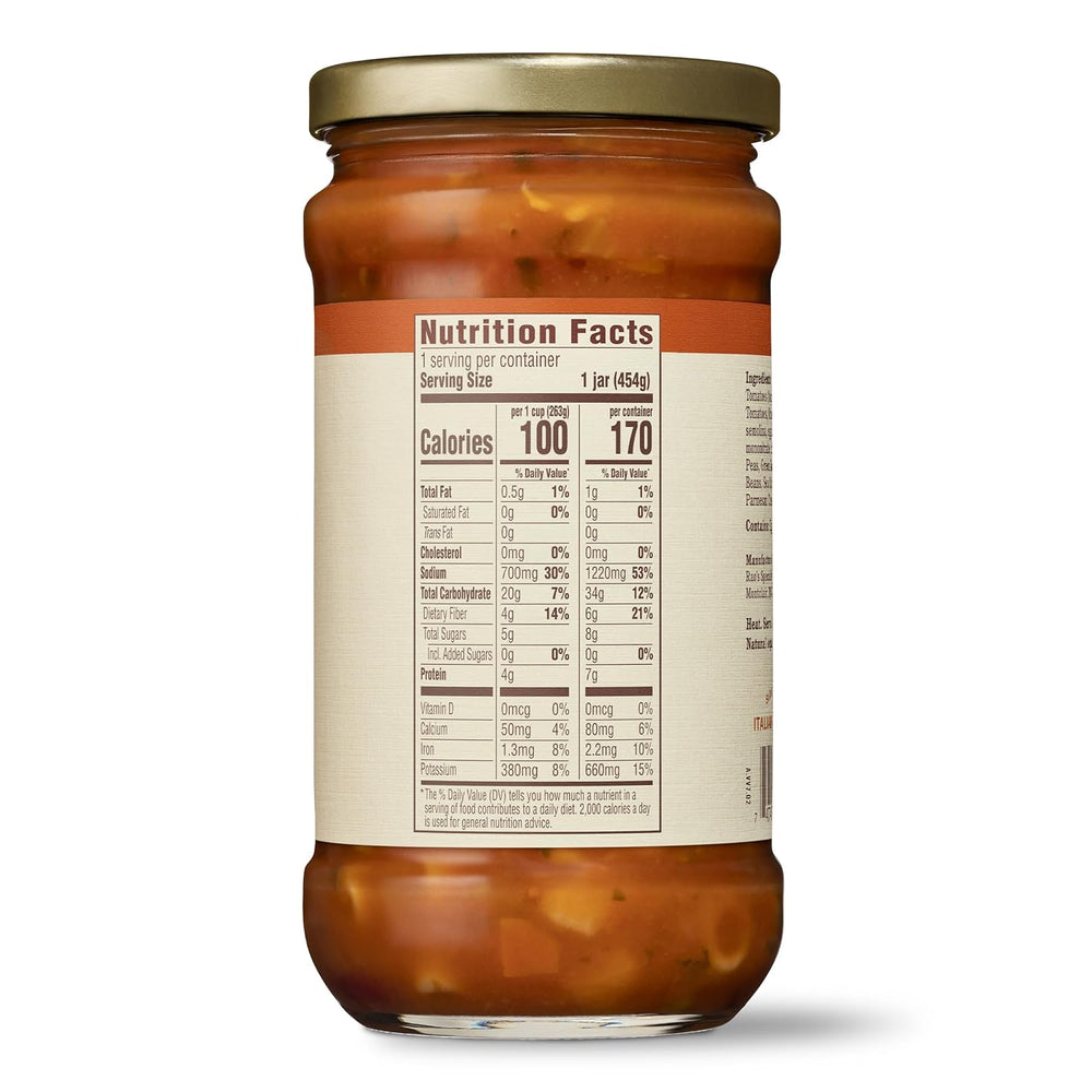 Jar of minestrone rao's sauce with nutrition facts label on a white background