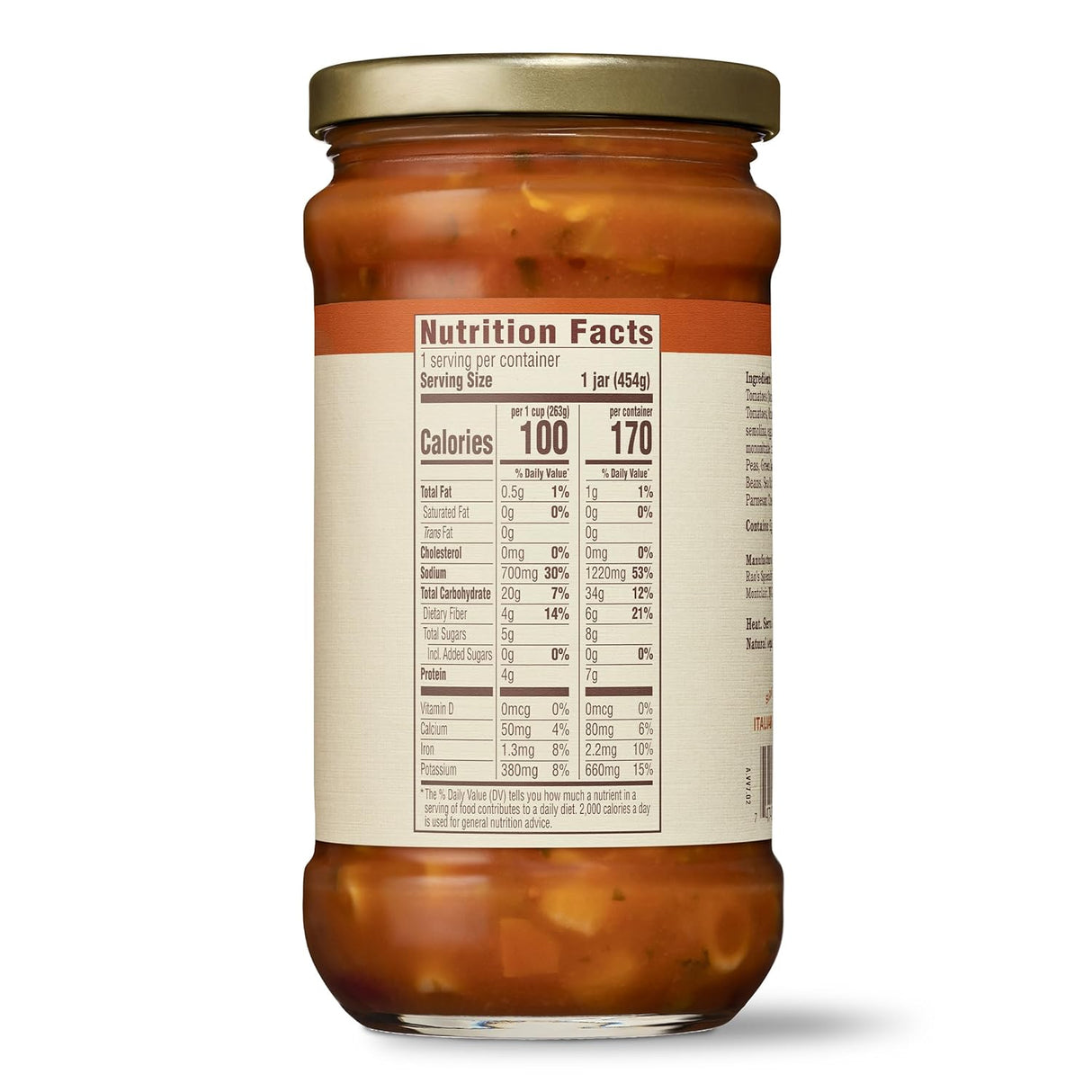 Jar of minestrone rao's sauce with nutrition facts label on a white background