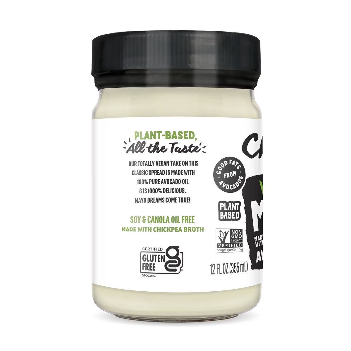 Jar of plant-based spread with a black lid on a white background