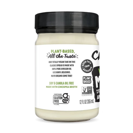 Jar of plant-based spread with a black lid on a white background