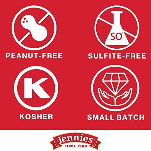 Jennies food product labels for peanut-free, sulfite-free, kosher, and small batch on a red background.