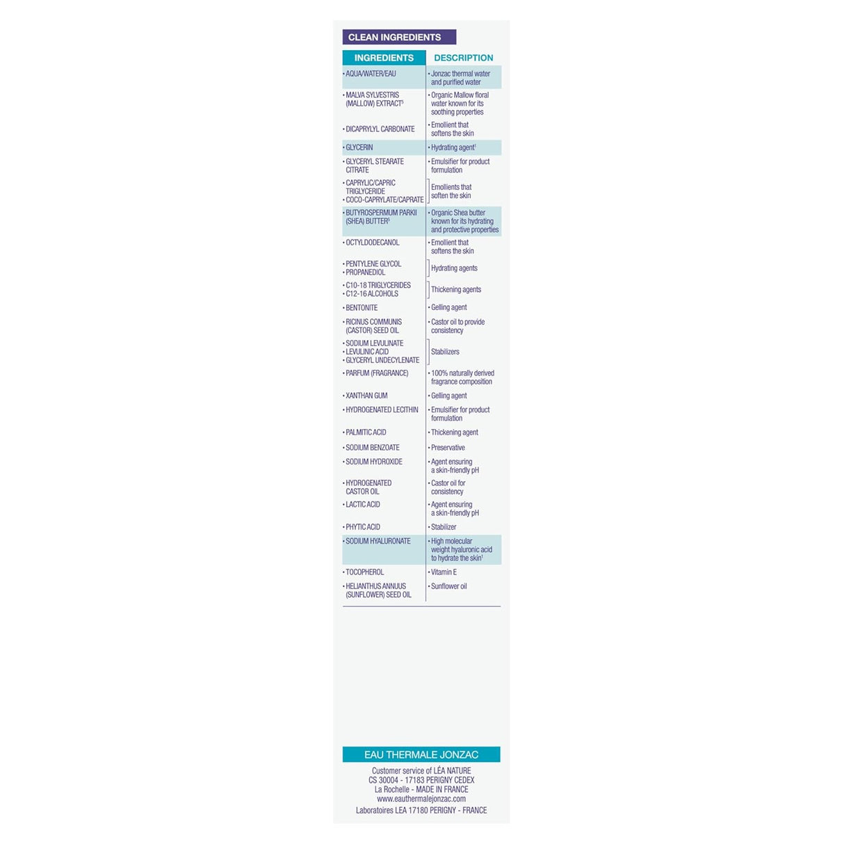 Jonzac Rehydrate eye contour cream with product Ingredients list on a white background