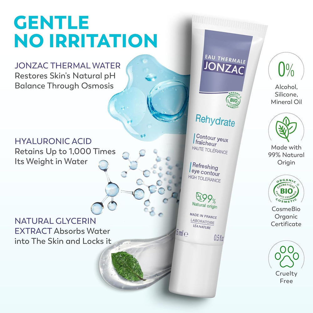 Jonzac Rehydrate eye contour cream with product details and benefits on a white background