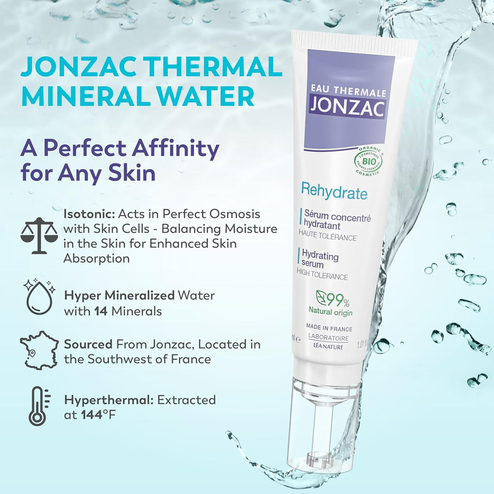 Jonzac thermal mineral water serum with product packaging on a blue background
