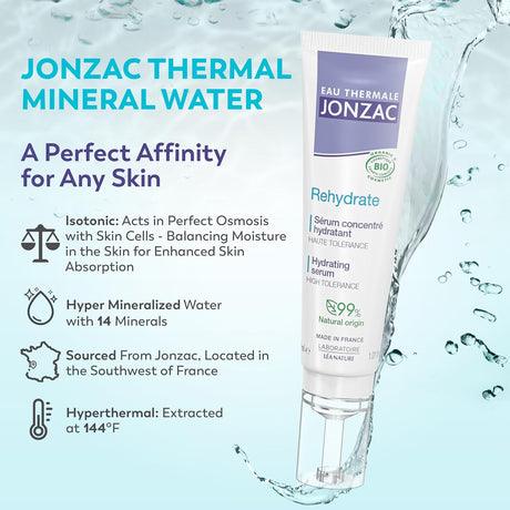 Jonzac thermal mineral water serum with product packaging on a blue background