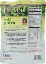 Back of a Jyoti Natural Foods Saag Paneer package with nutritional information and ingredients listed.