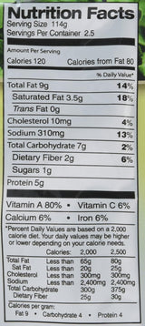 Nutrition facts label for a Jyoti Natural Foods Saag Paneer with green leafy background