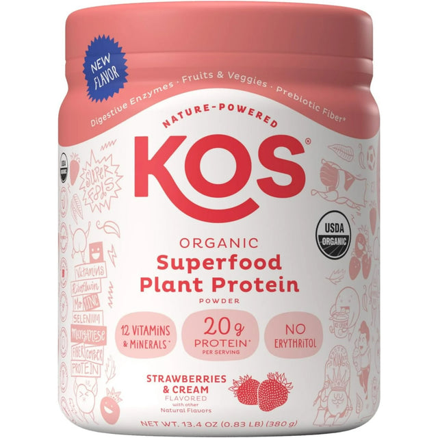 Kos - Organic Strawberry Cream Protein Powder, 13.4 oz - Gluten-Free Protein